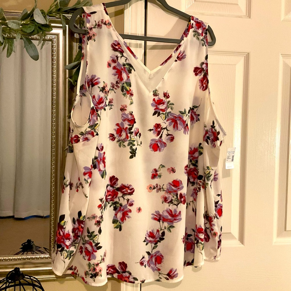 White Floral Sheer Inset V Neck Tank Top